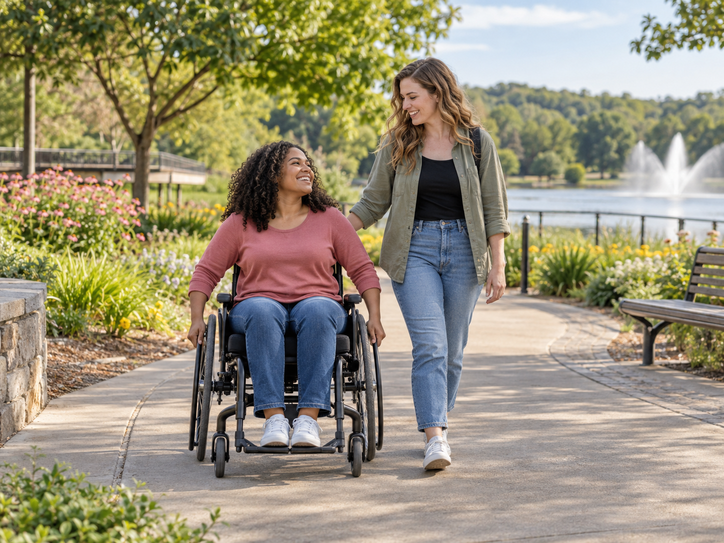 Smiling woman using a wheelchair