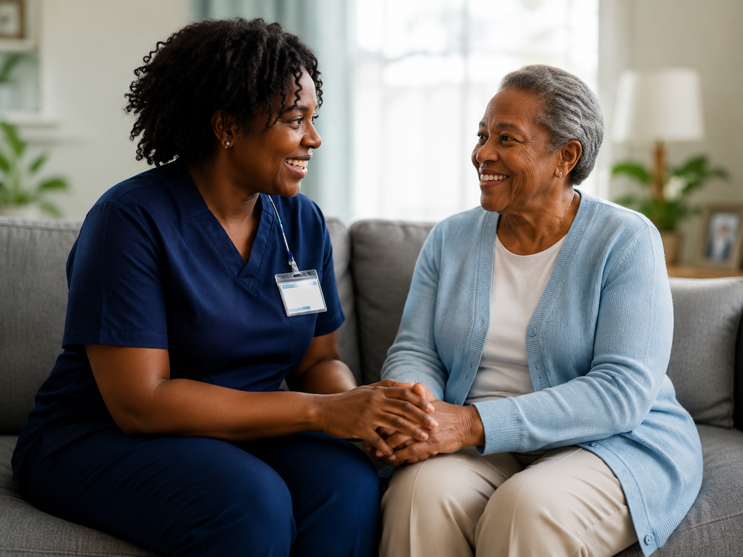 Caregiver and individual having a positive conversation